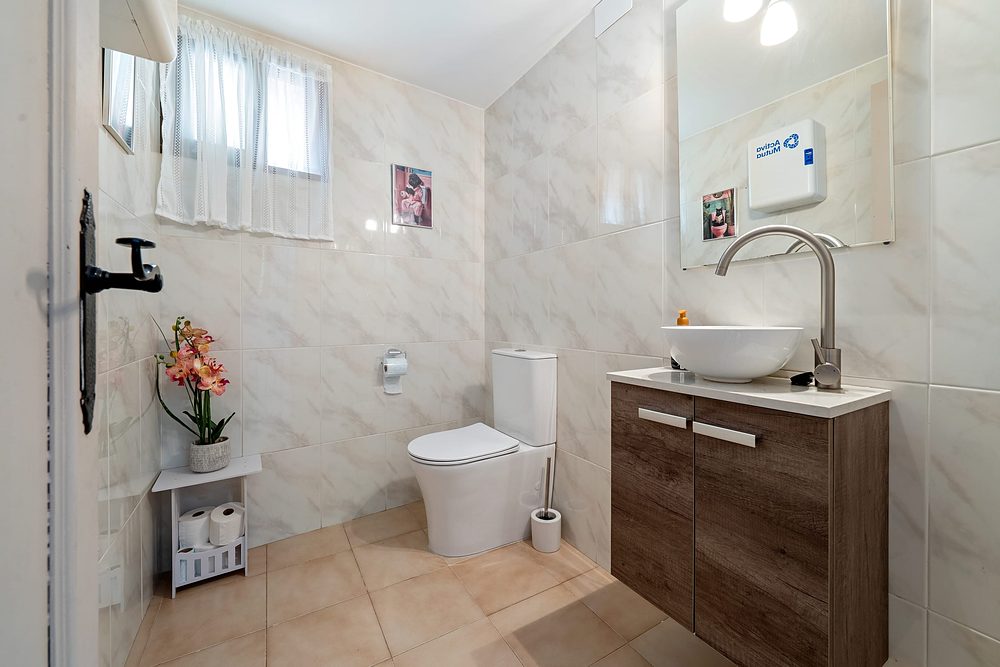 Bany amb lavabo de bol i orquídia