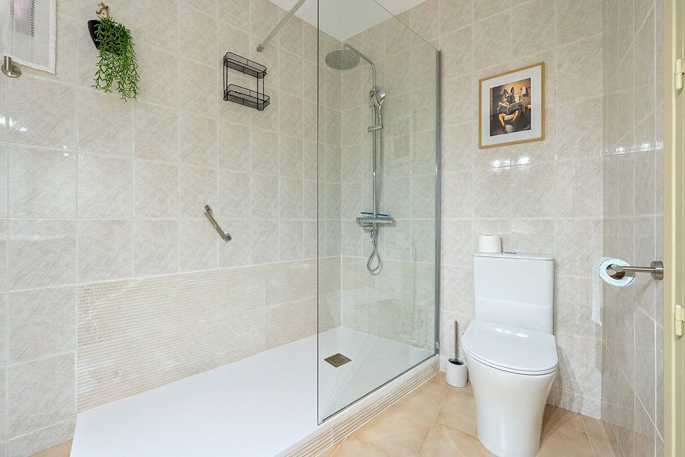 Dutxa de vidre amb planta penjant